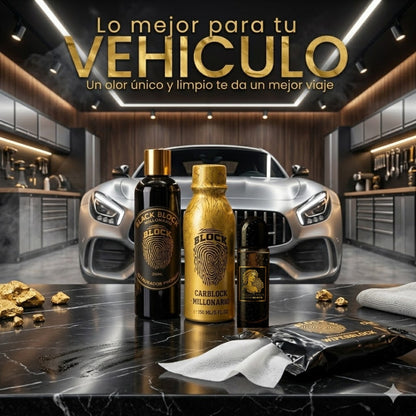 Perfume para Carro CarBlock + Paños WipesBlock + Restaurador BlackBlock + Perfume WomanBlock