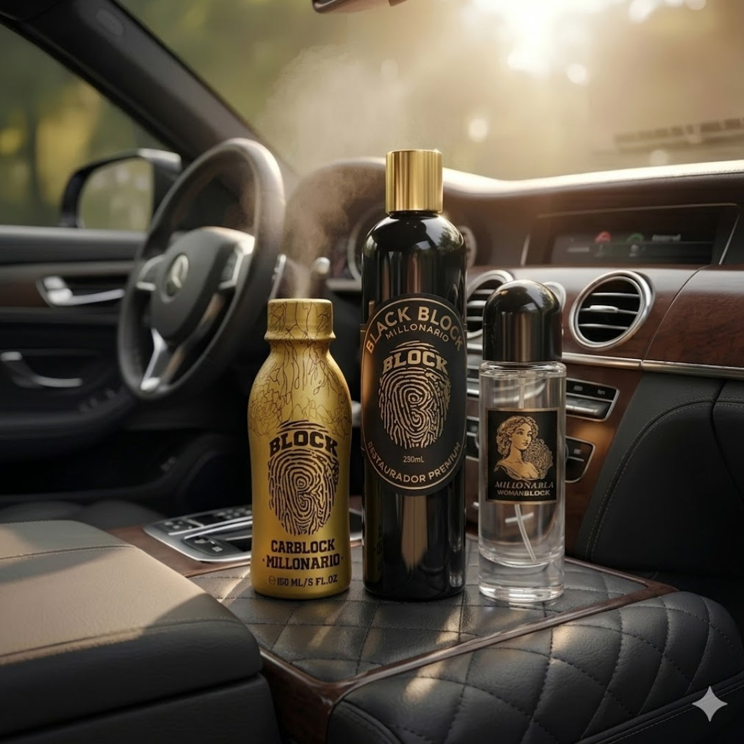 Perfume Para Carro Carblock + Perfume Con Feromonas Para Ropa Interior Femenina Millonaria Womanblock + Restaurador De Partes Negras Blackblock