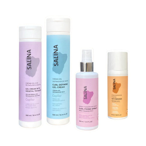 Kit Full Curly Crema Gel Definidor 300 ml + Crema Para Peinar 300ml + Spray Fijador de Rizos 160ml + Finalizador De Puntas Para Rizos 50ml - Salina
