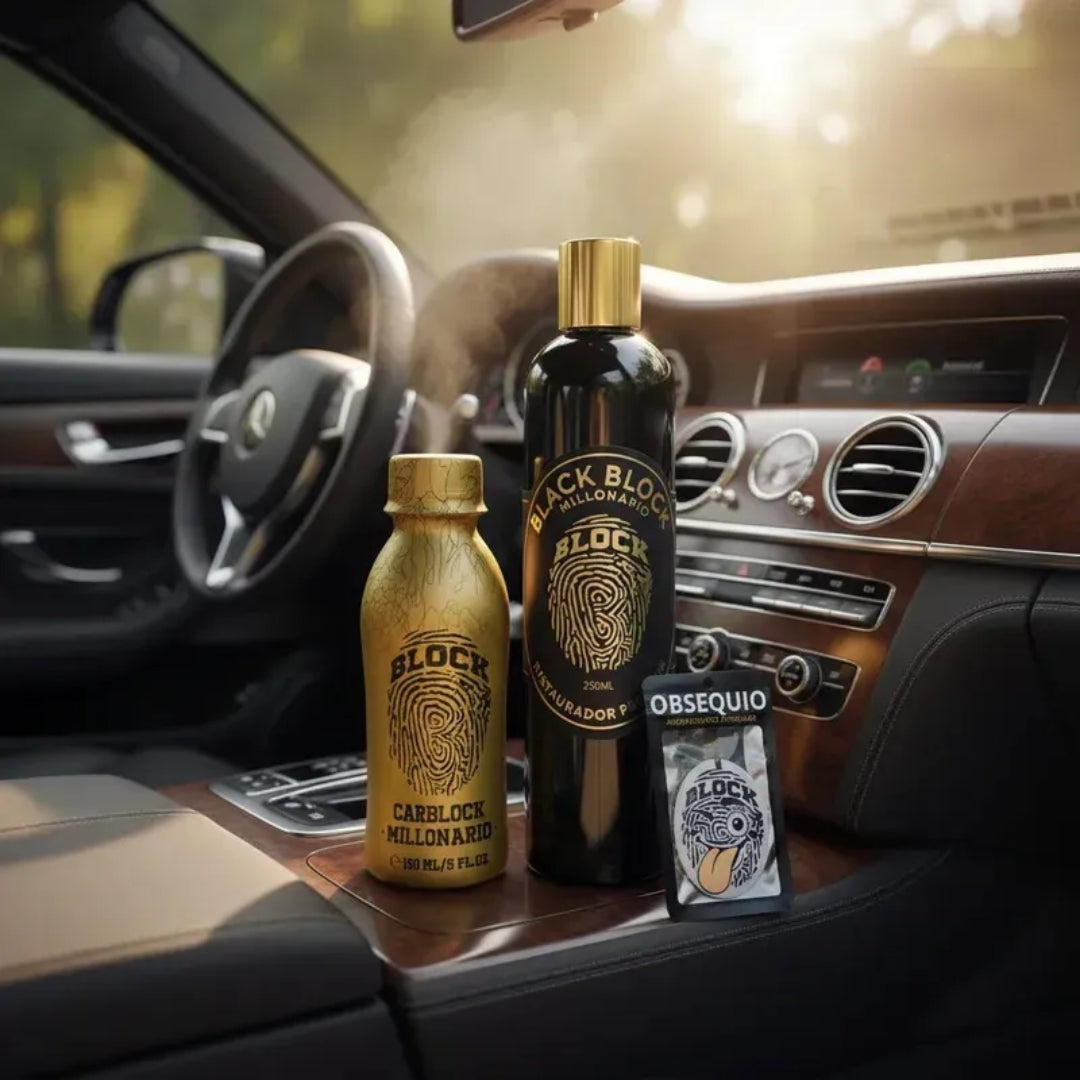 Perfume Para Carro Carblock + Restaurador De Partes Negras Blackblock + Ambientador Colgante Emojiblock