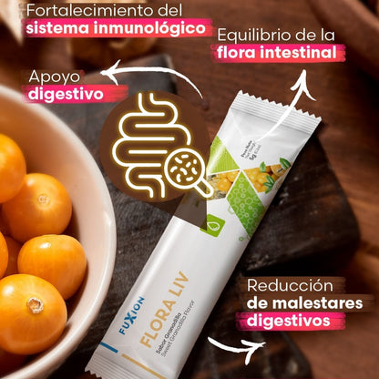 Flora Liv Fuxion Probióticos y Fibra Prebiótica para la Salud Digestiva - 28 sobres